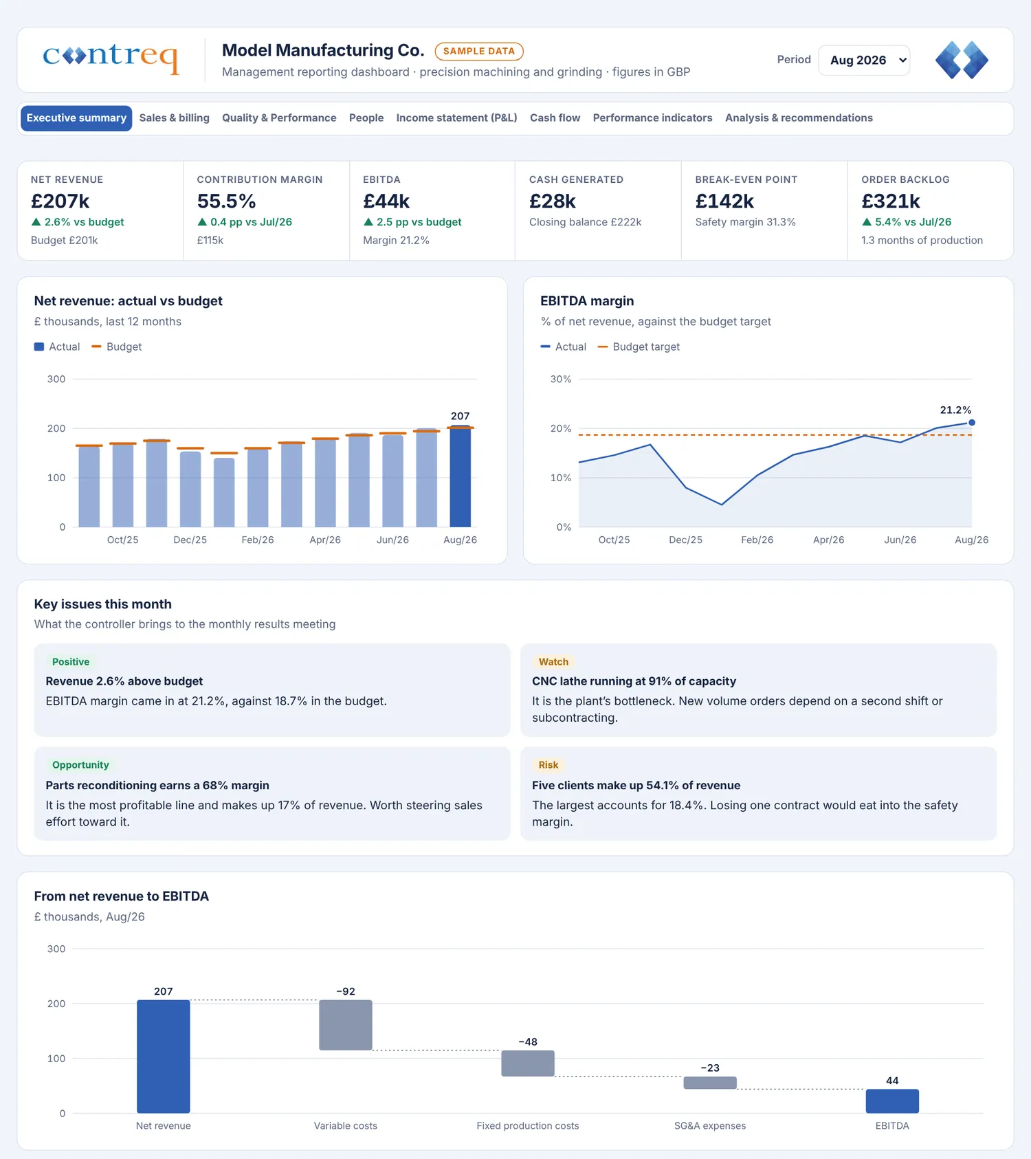 Demo dashboard, Executive summary tab, with net revenue, margin, EBITDA, cash generation and the month&rsquo;s points of attention.